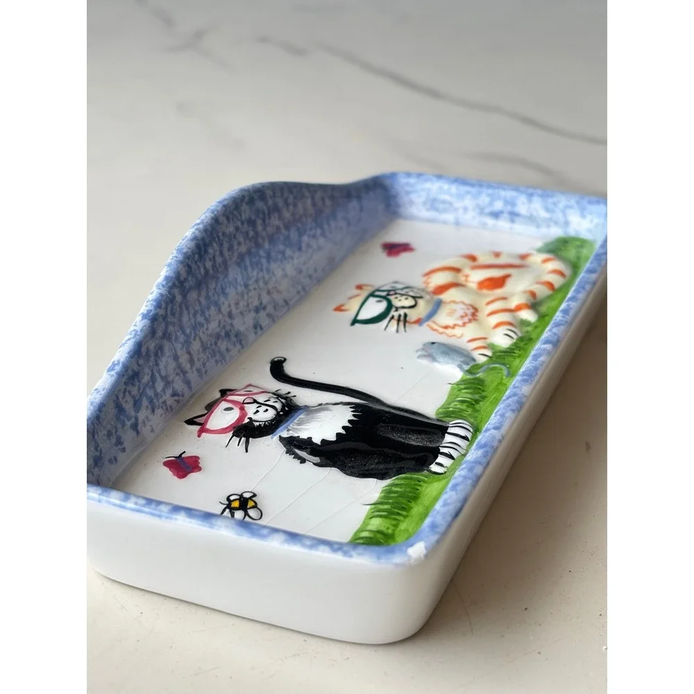 Whimsical Hand Painted Ceramic Cat Trinket Dish Eye Glass Tray Holder
